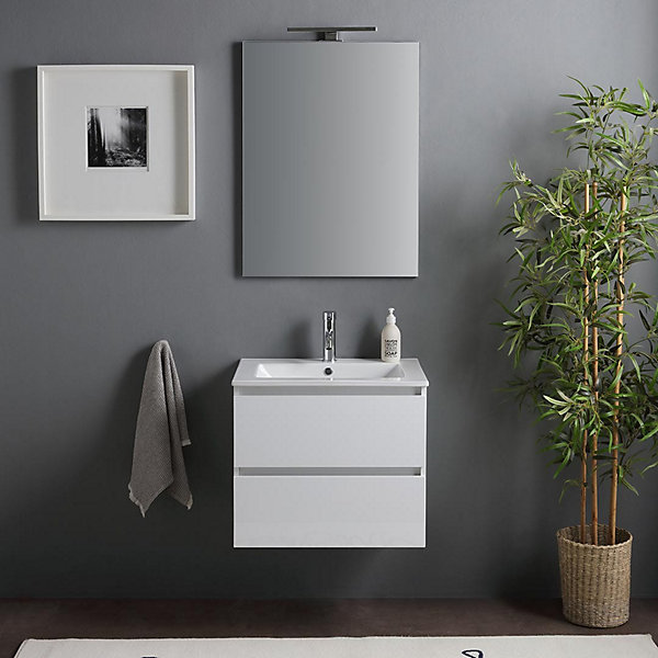 Armoire De Toilette Murale Avec Lavabo 60 Cm Et Tiroirs Blanc Poli - Benaco