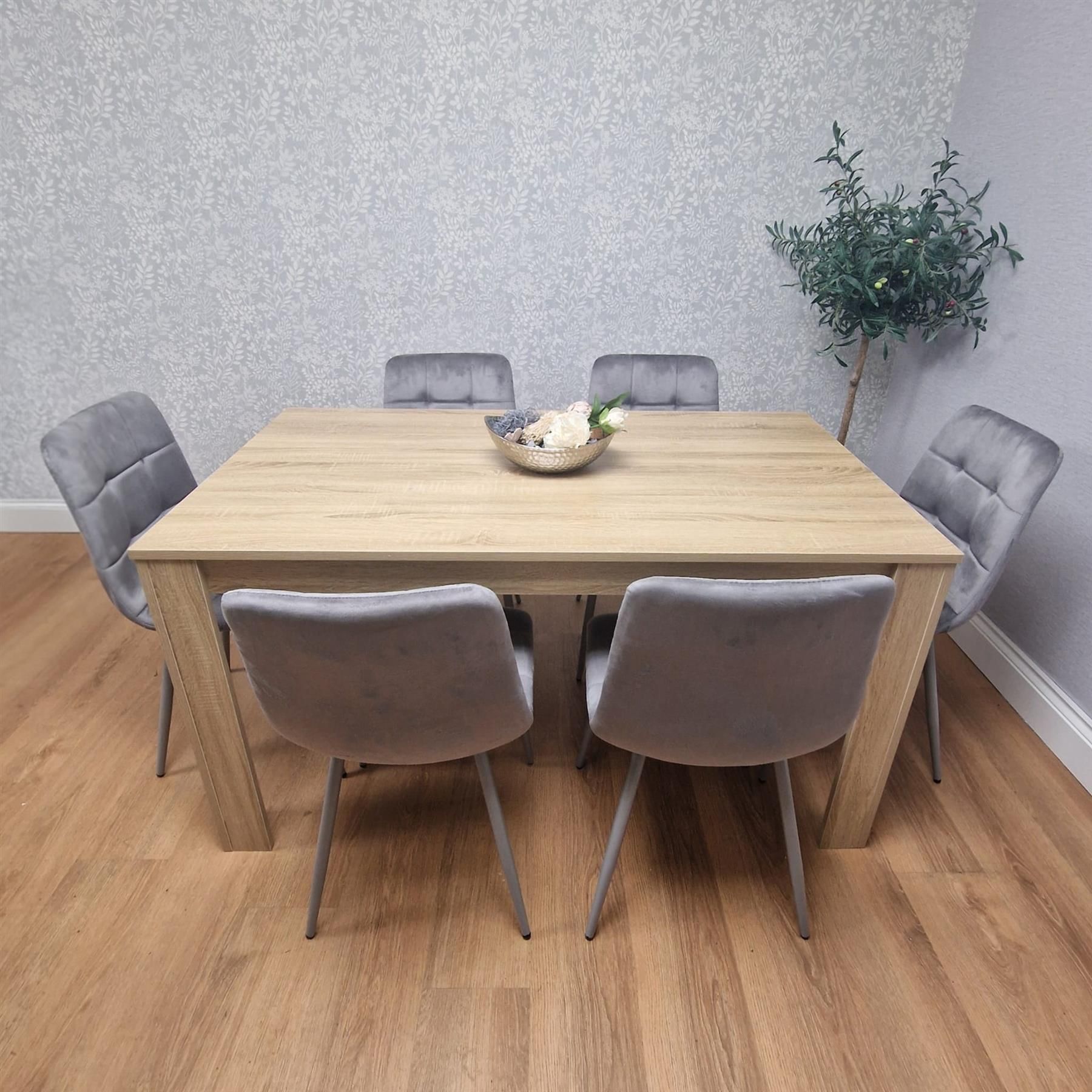 KOSY KOALA Oak Effect Dining Table Set With 6 Grey Velvet Chairs Dining Room Furniture