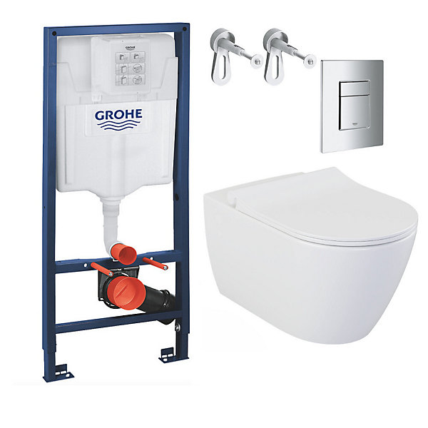 Grohe Pack WC Bâti-support Rapid SL   WC sans bride LIVEA Bello   Abattant softclose   Plaque Chrome (RapidSL-Bello-1)