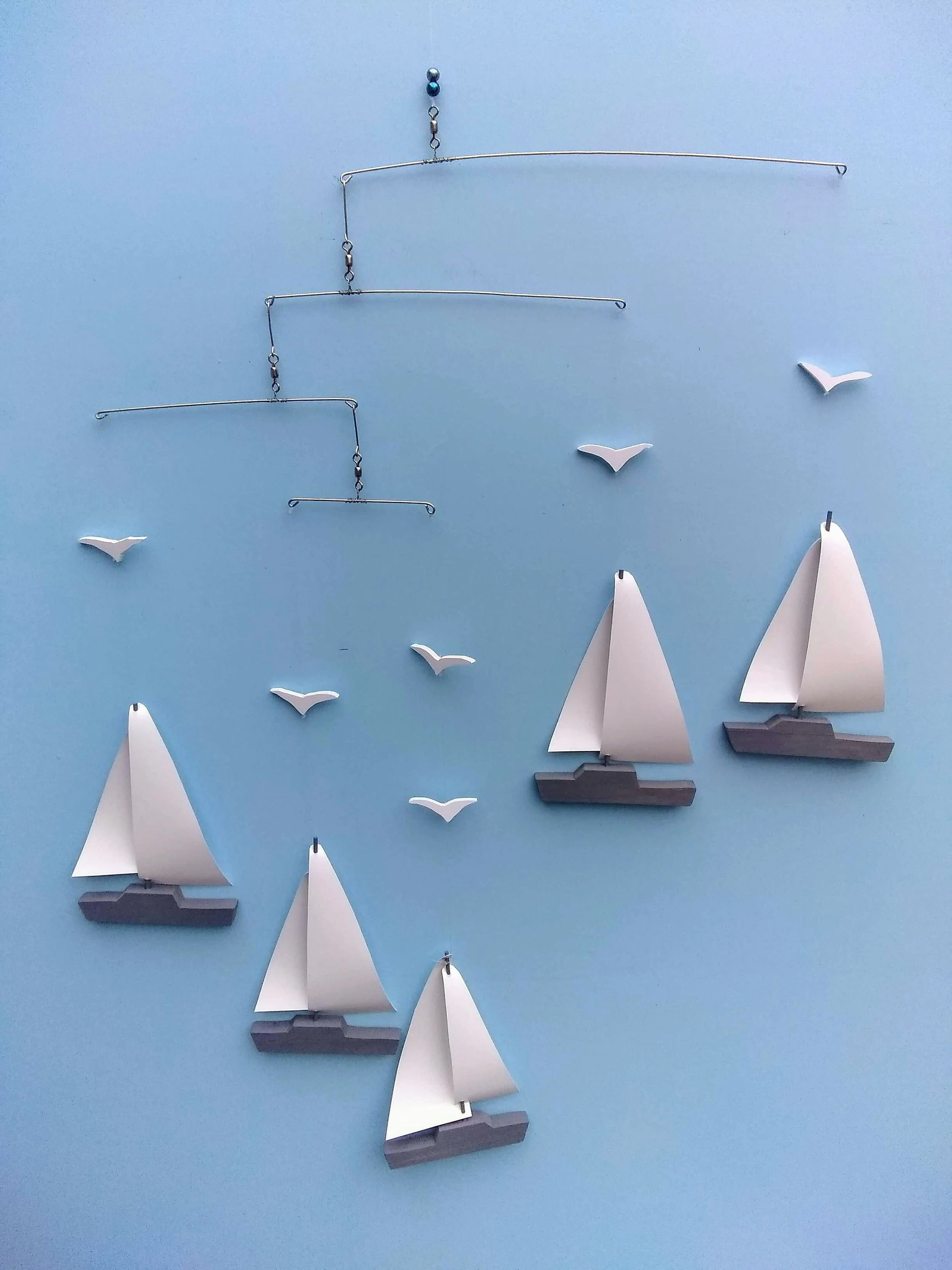 Sailboat Mobile,Y51-3ct or 5ct, Mobiles, Sailboat, Baby Mobile, Seagulls, Gray, Blue, Brown, Nautical, Coastal, Ocean, Boat, Yacht, Beach