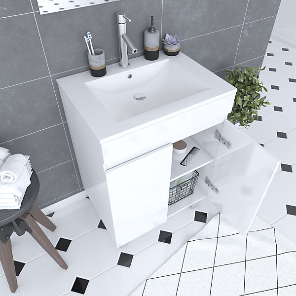 Ensemble meuble de salle de bain 60x45x81-meuble MDF-melamine brillant blanc-vasque ceramique miroir
