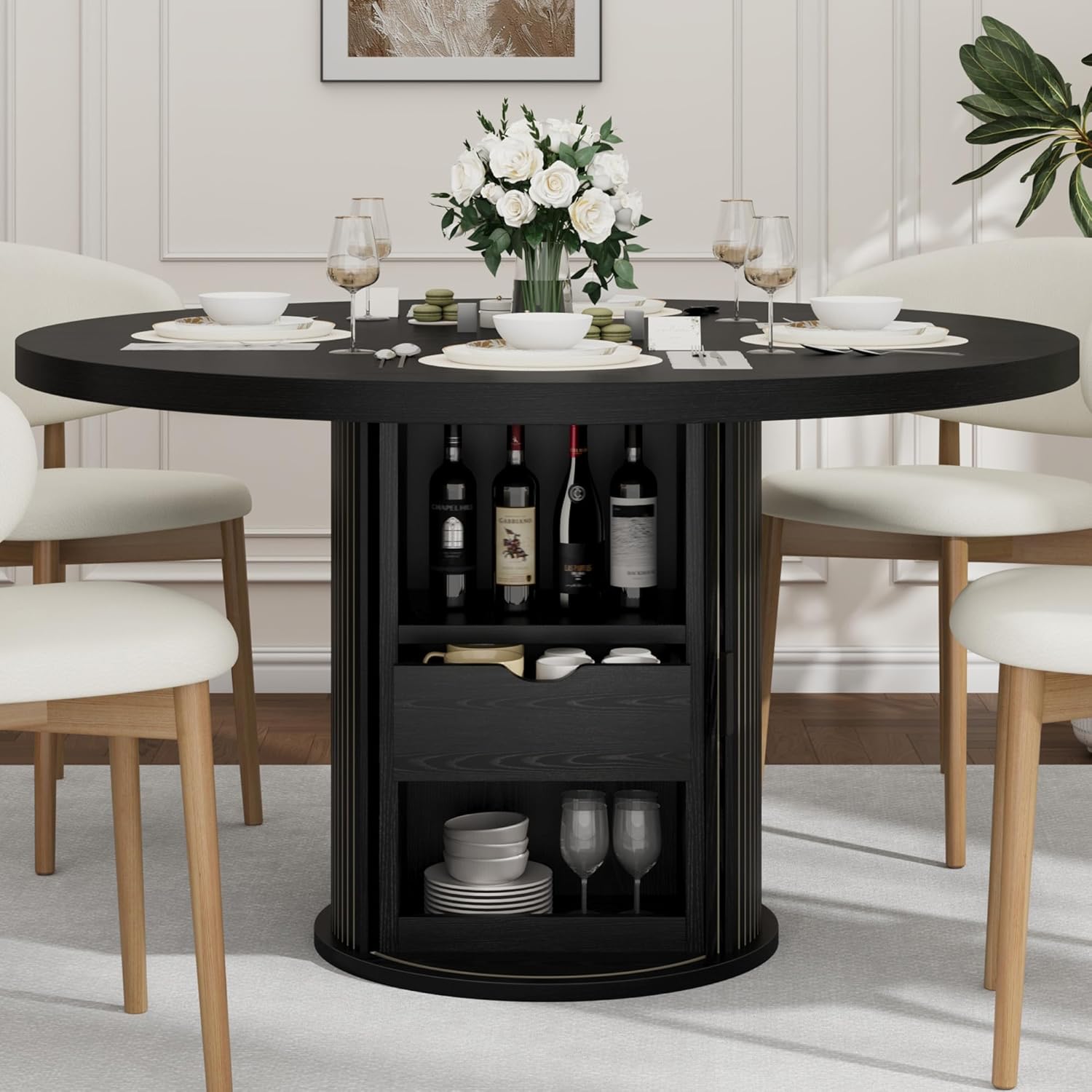 Garvee 47 Inch Round Dining Table for 4, Kitchen Table with 2-Layer Storage Shelf and a Drawer, Farmhouse Circle Dinner Table for Dining Room, Kitchen, Living Room (Table Only), Black