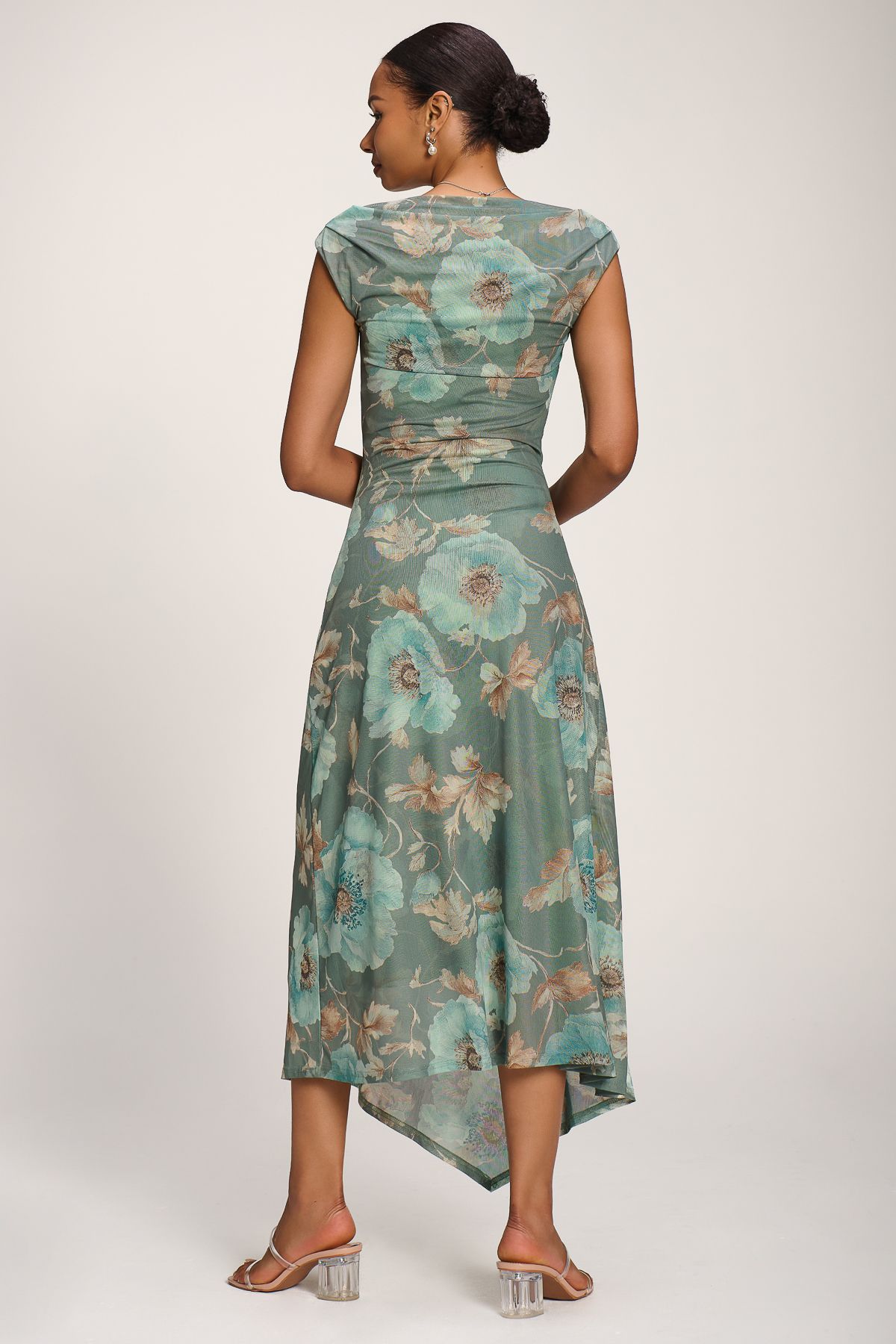 Jolie Moi Asymmetric Draped Mesh Maxi Dress
