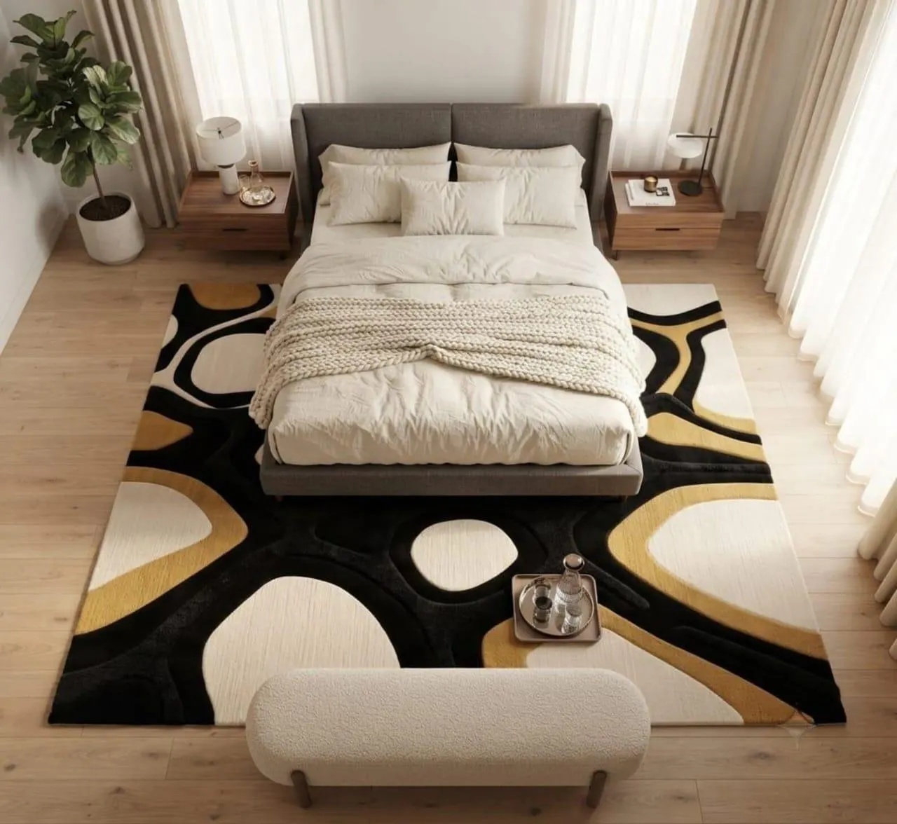 Hand Tufted Wool Geometric Abstract Rug, Mustard Yellow Black Ivory Living Room Home Decor