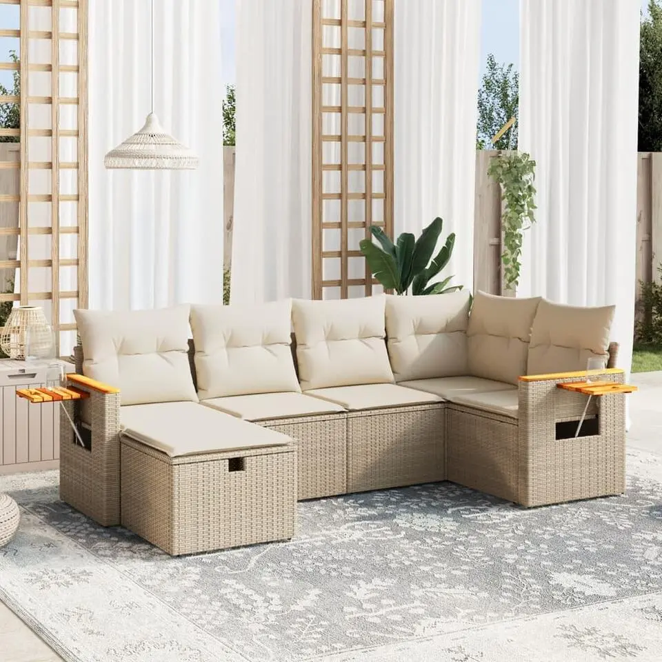 vidaXL - Loungeset - Beige and Cr&egrave;mewit - Poly rattan - 6 stuks - Met kussens