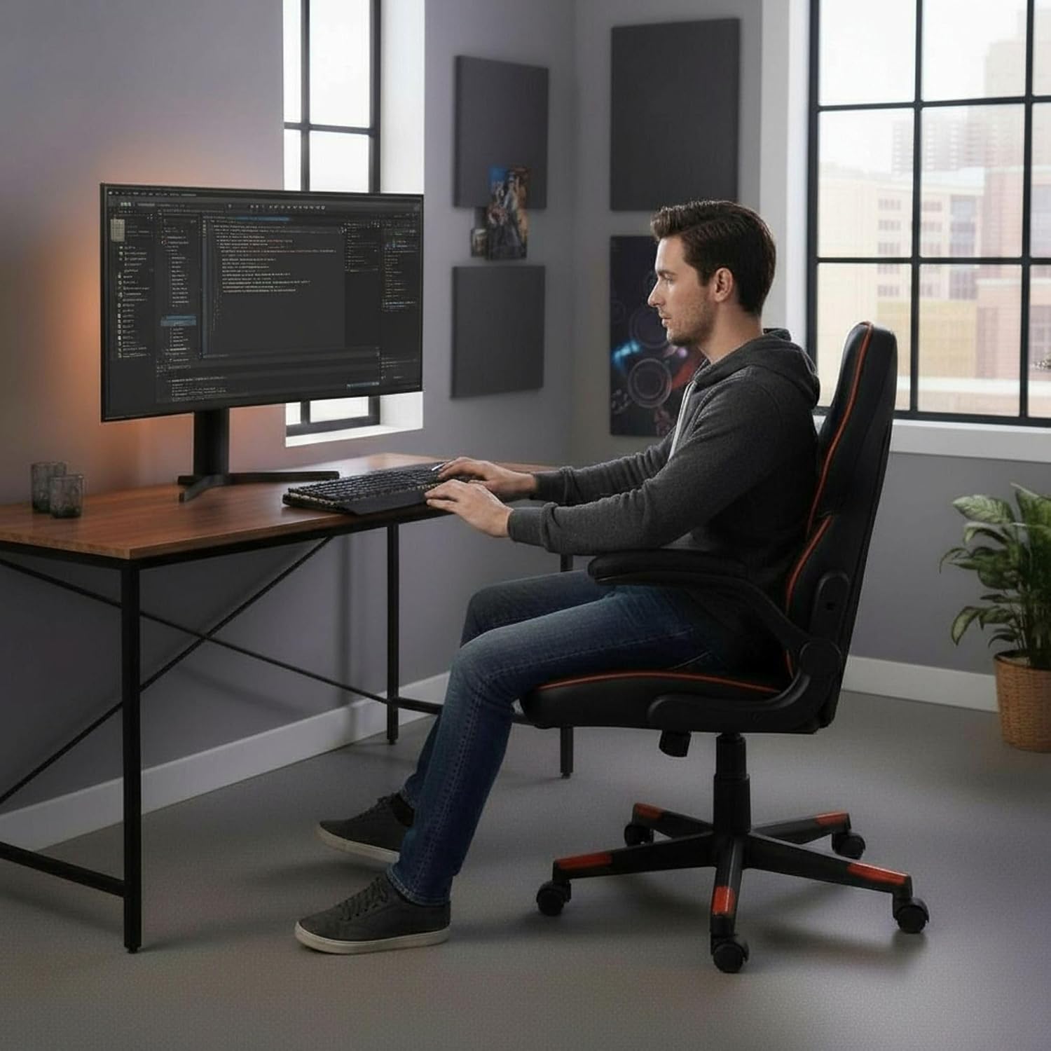 NuSparc SpawnSafe Gaming Chair, Adjustable Height, Flip-up Armrests, 360° Swivel, Black/Red