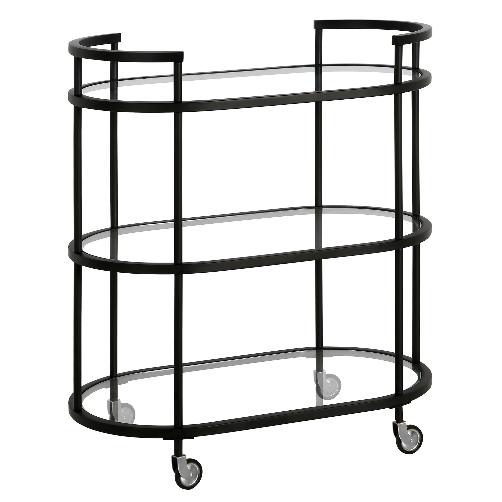 Modern Oval Brass Bar Cart with Glass Shelves and Wheels 2 Tier Rolling Cart for Living Room or Kitchen - 30 x 17 x 34