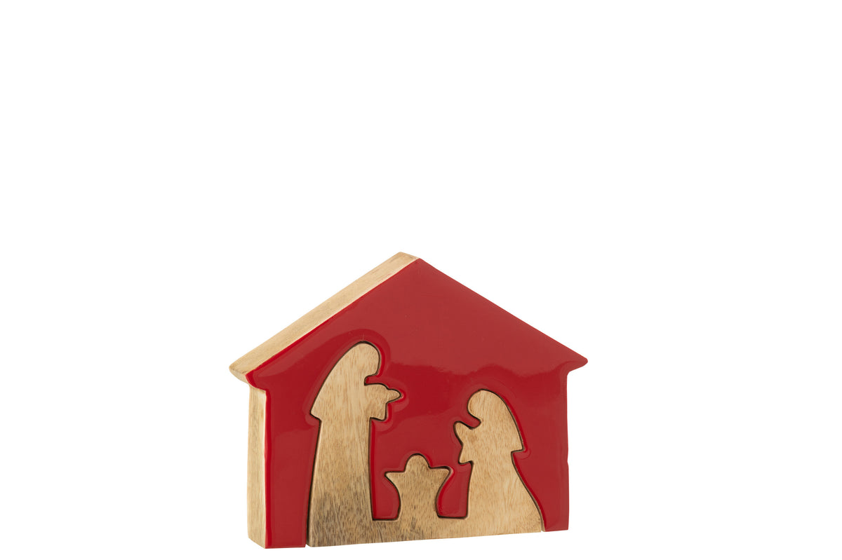 J-Line decoratie Kerststal in Huis - hout - rood/naturel - medium