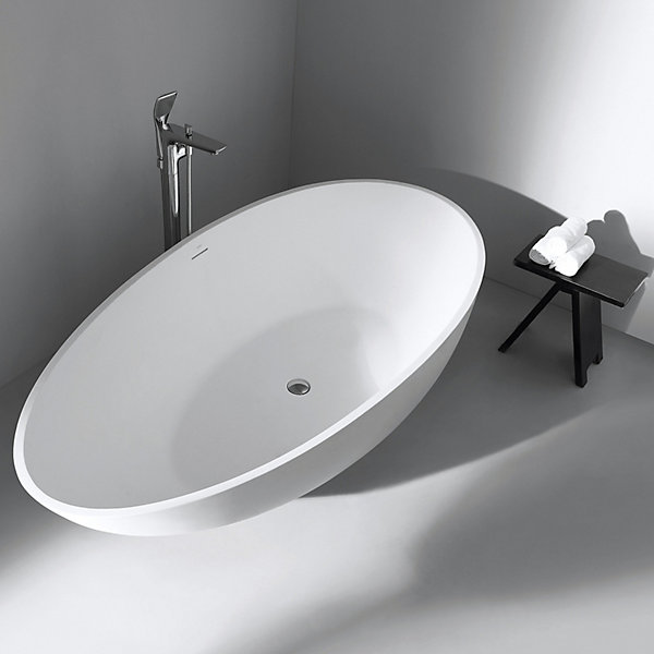 Baignoire îlot Design en fonte minérale VIGO - blanc mat - Sans siphon, Avec robinet mitigeur 8028B, 170x85cm