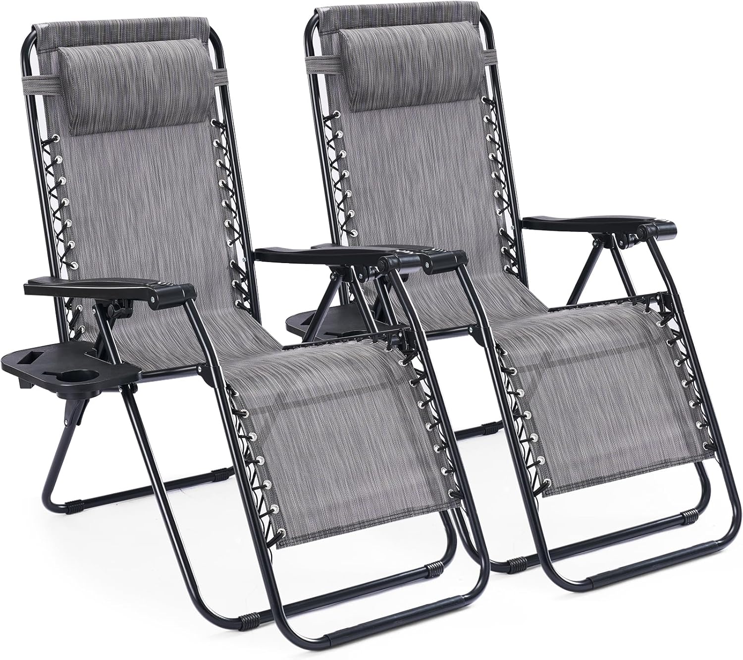 Sweetcrispy Zero Gravity Chairs, Set of 2 Portable Recliner Beach Camping Patio Outdoor Folding Lounge Chair with Cup Holder Trays and Adjustable Pillow for Poolside, Garden, Backyard, Lawn (Grey)