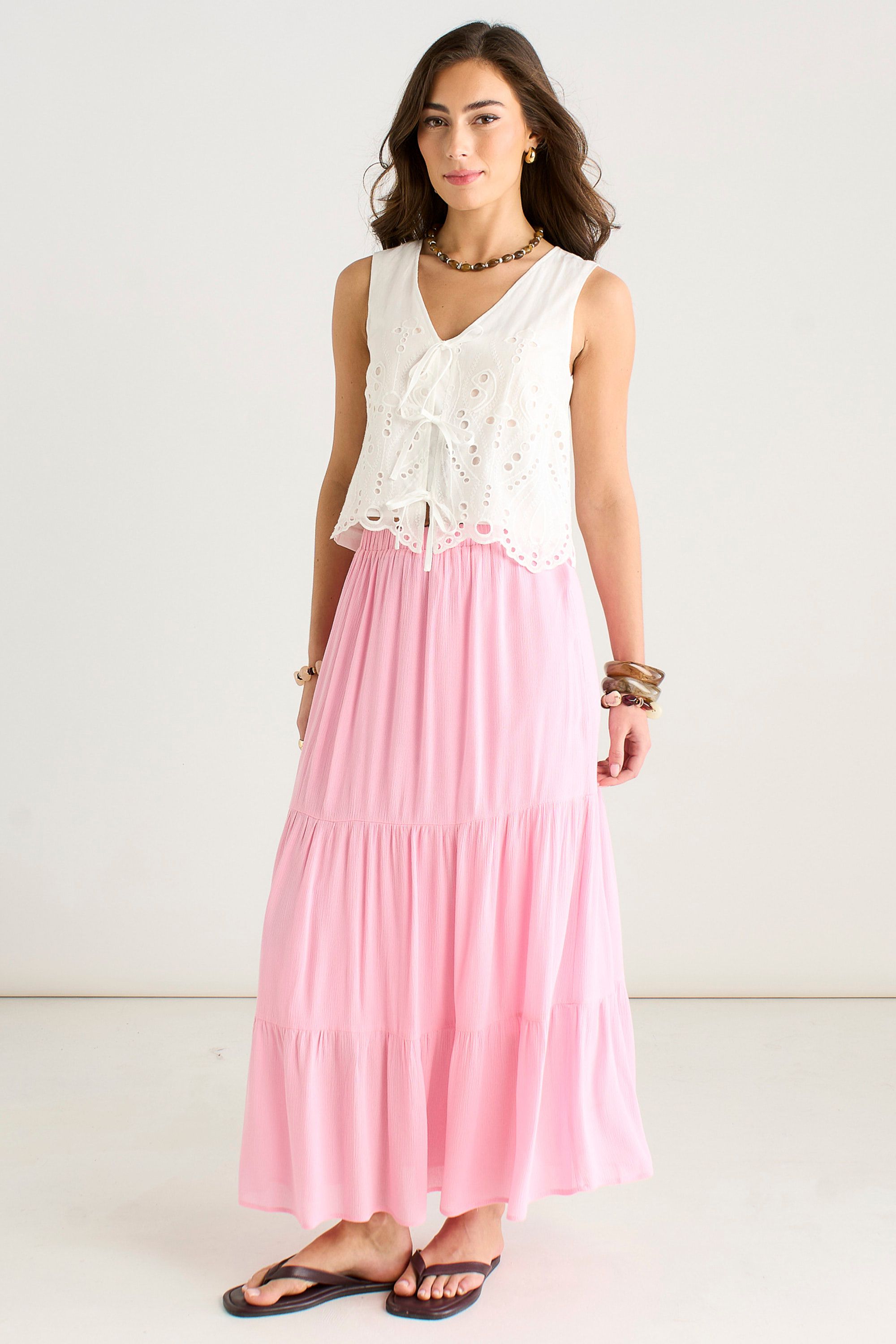 Gini London Pink Viscose Tiered Skater Maxi Skirt
