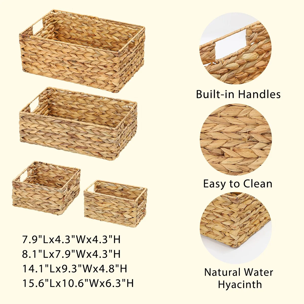 Set of 4 Woven Rectangle Water Hyacinth Rattan Storage Basket - 4-PCS