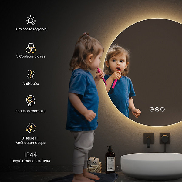 EMKE Miroir lumineux salle de bain rond 60cm, rétro-éclairage, Interrupteur Tactile, Anti-buée, LED Lumière Froide/Neutre/Chaude