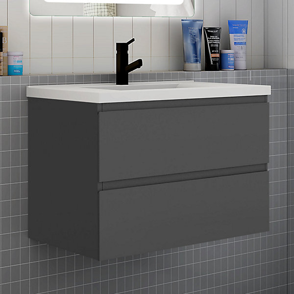 Ensemble meuble anthracite et vasque L.80cm 2 tiroirs   colonne haut   lavabo   miroir 60x60cm-suspendu