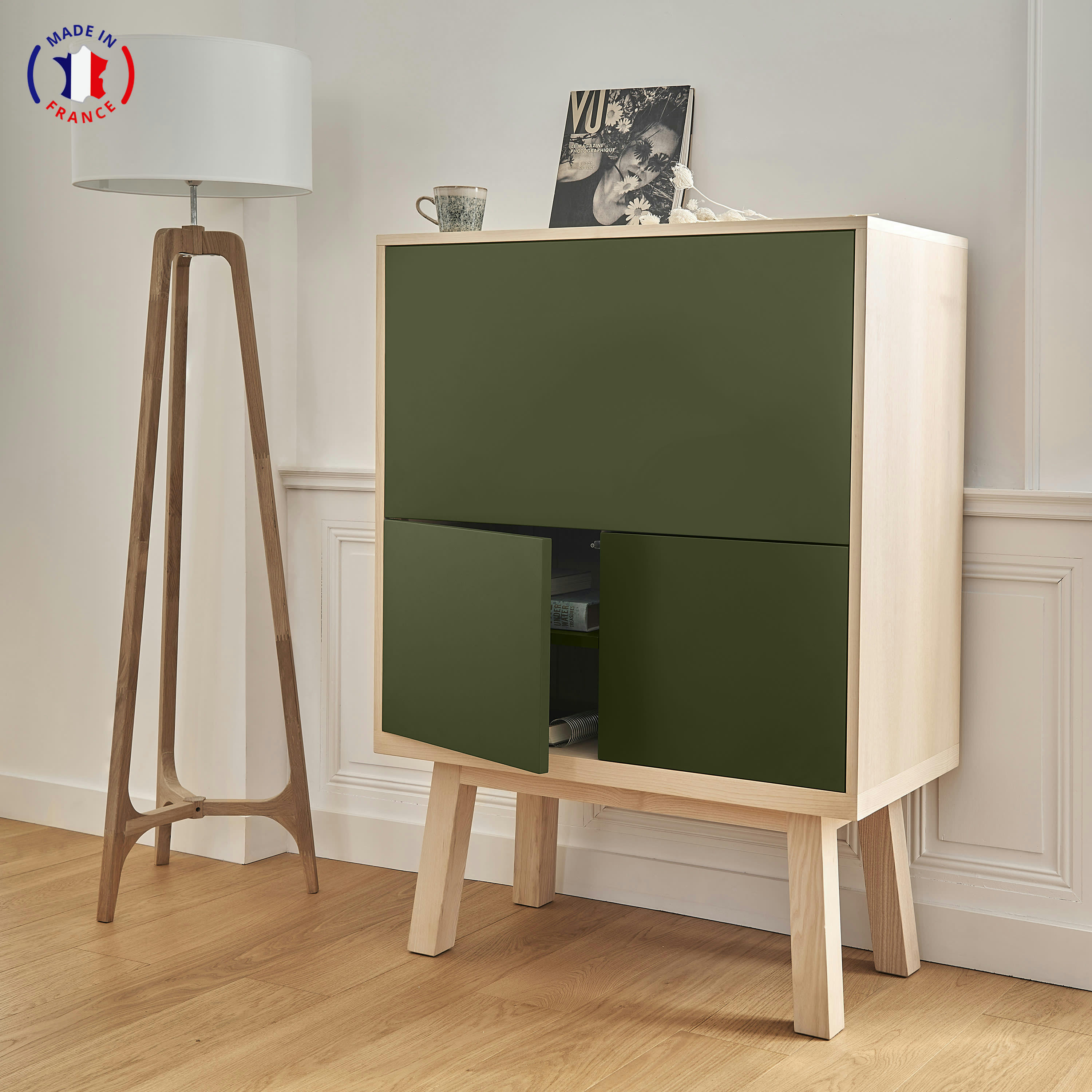 KUBE - Bureau secrétaire avec rangement de 90 cm de large, en frêne
