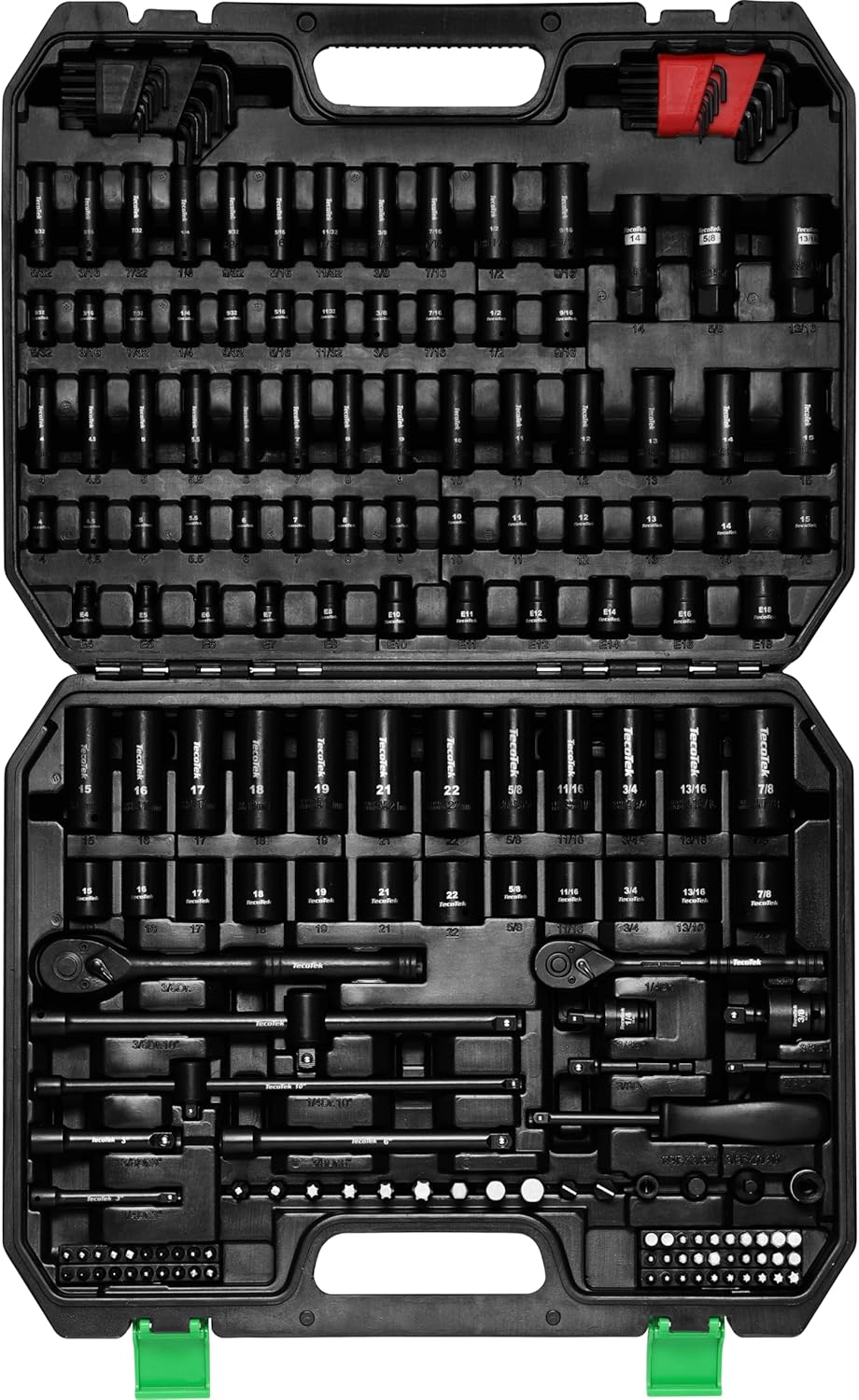 TecoTek 1/4 & 3/8 Dr. Impact Socket Set, 189 Piece Socket Wrench Set Mechanic Tools, Metric and SAE Full Set, CR-V, Deep & Shallow Socket with Ratchet Handle, Spark Plug Socket, Bits for Mechanic