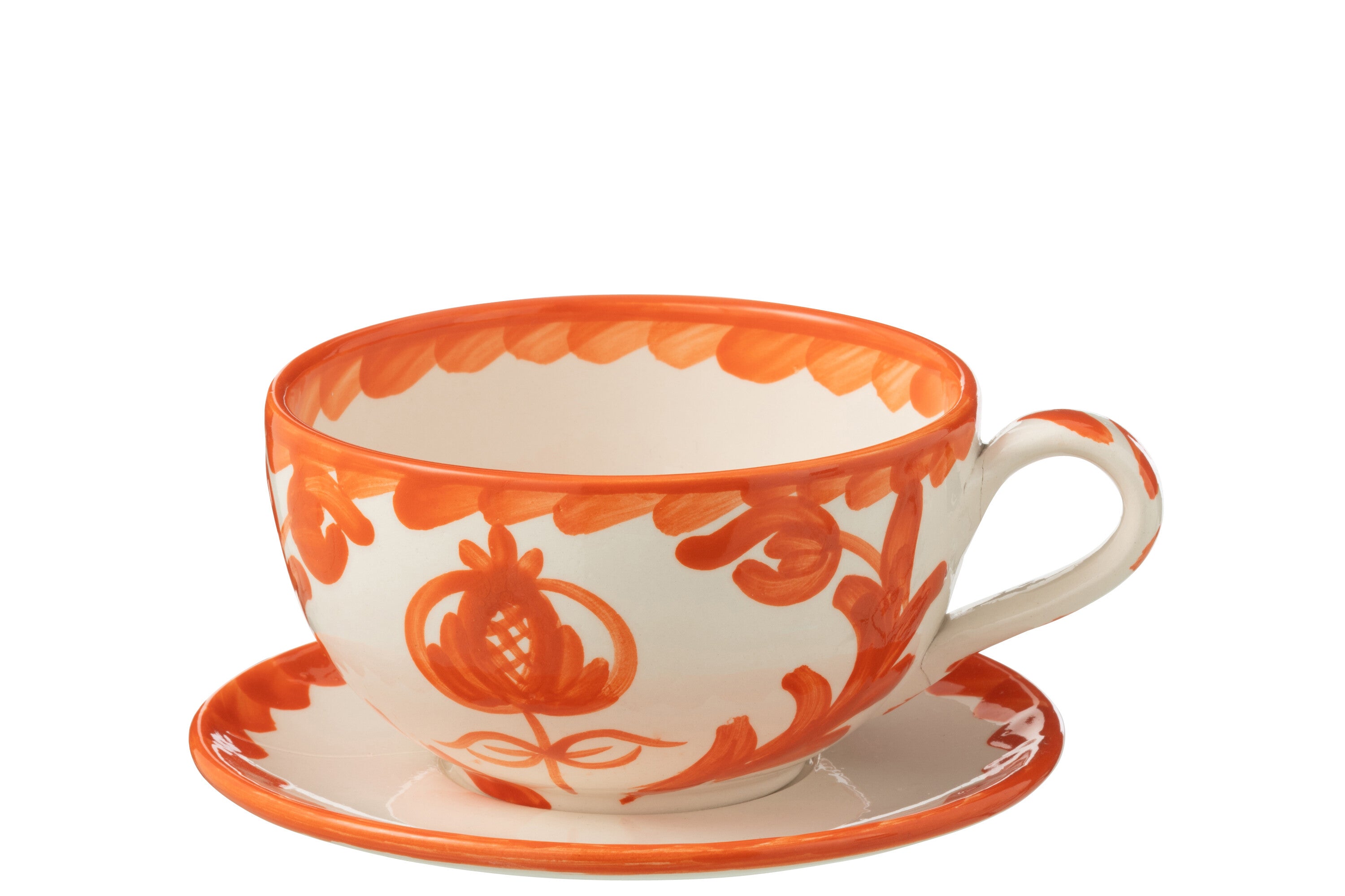 J-Line kopje   schoteltje Granada - keramiek - wit/oranje