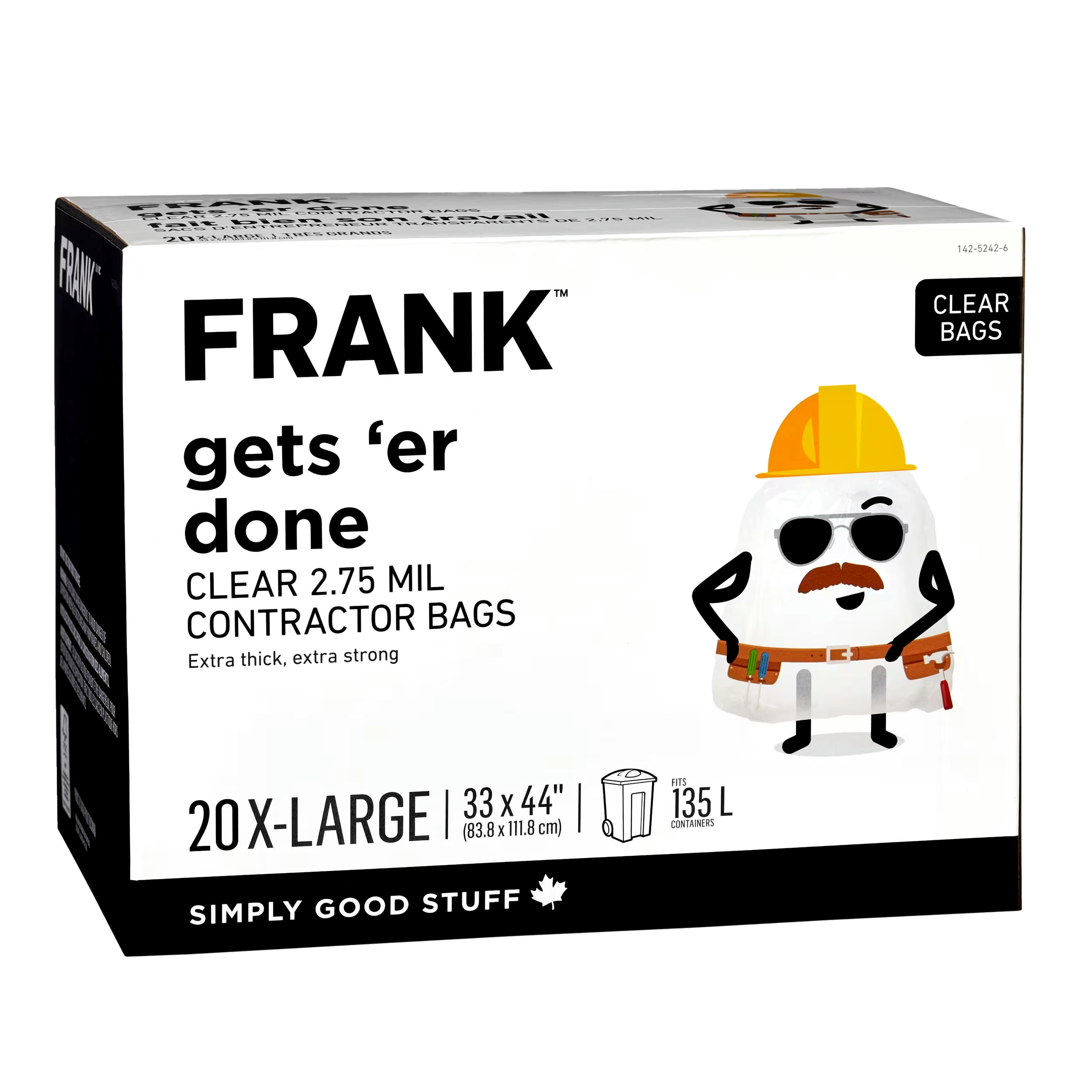 FRANK Extra-Large Contractor Garbage Bags, 20-pk, Clear, 135-L