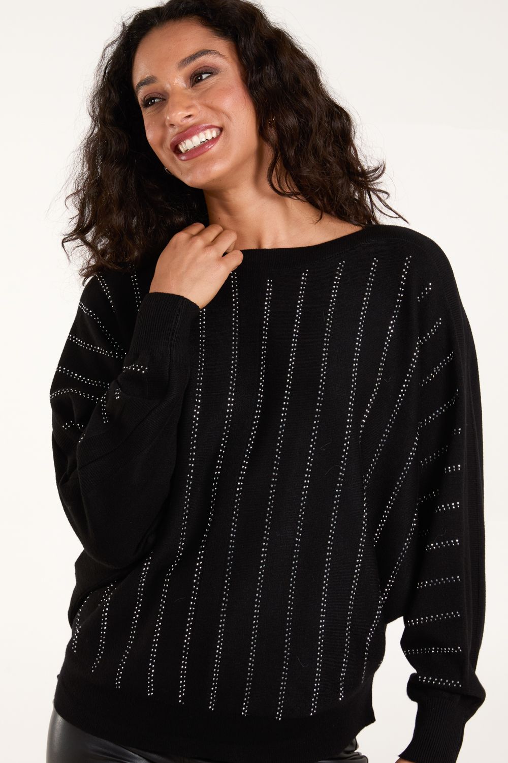 Blue Vanilla Striped Diamante Batwing Jumper