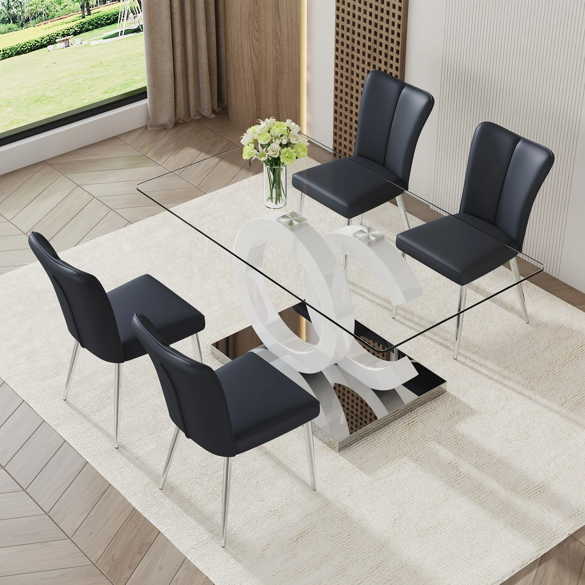 Modern Style Dining Set with Rectangular Transprant Tempered Glass Table and PU Vertical Stripe Dining Chairs