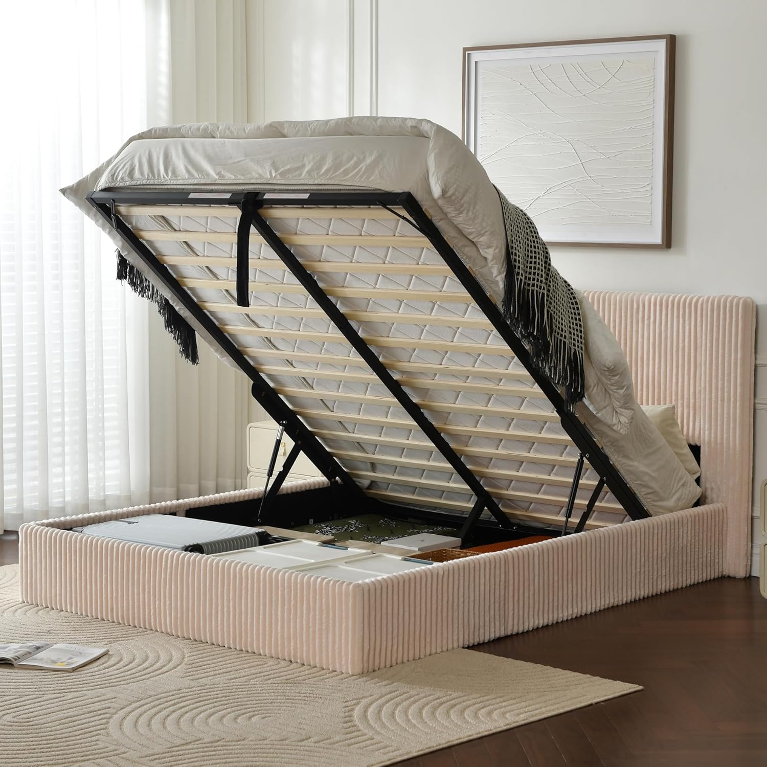 YUHUASHI Queen Size Storage Bed Frame, Vertical Striped headboard with Delicate Velvet Fabric, Hydraulic Lift for Storage, no Box Spring Needed, no Noise (Beige, Queen (U.S. Standard))