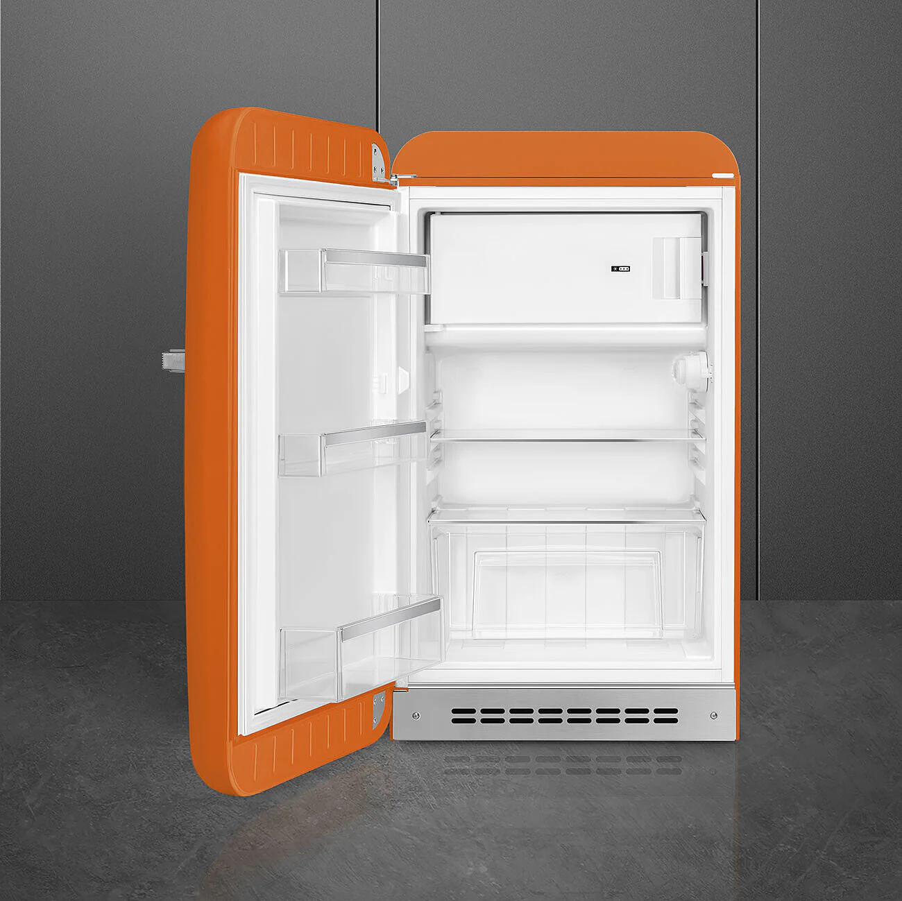 55cm Fridge with Icebox, Left Hand Hinge, Orange