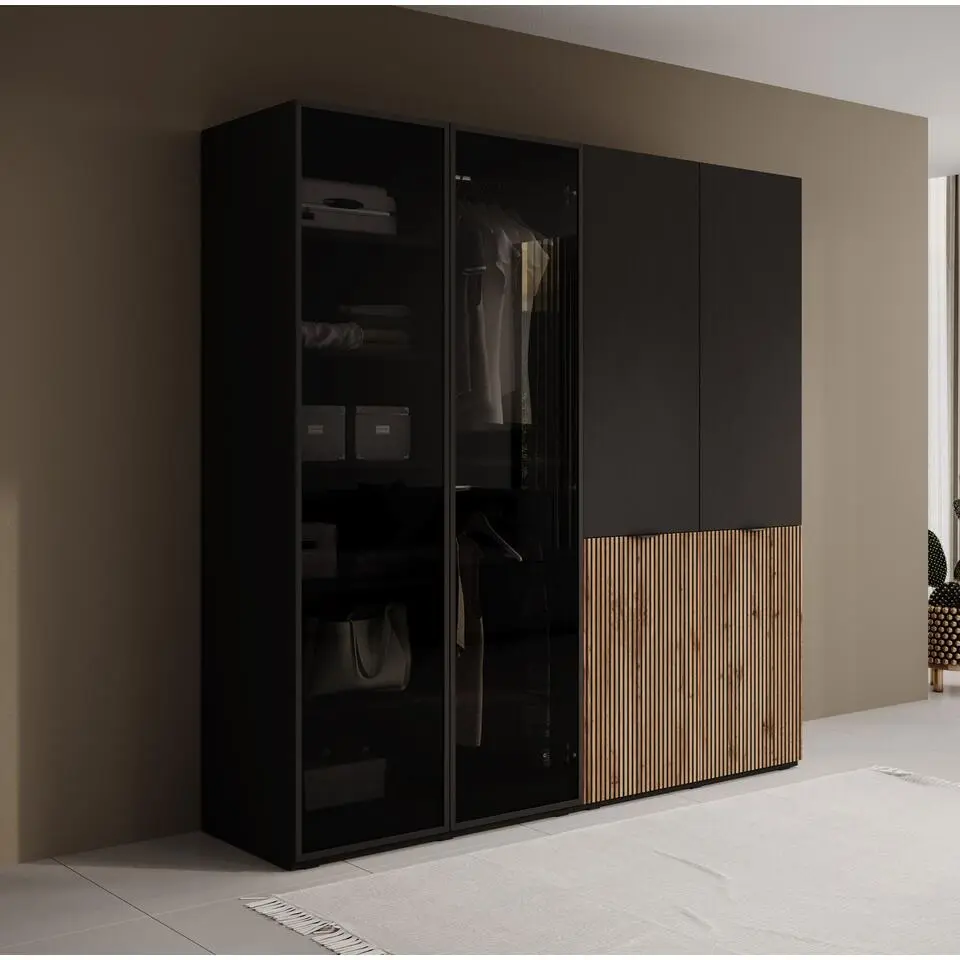 Meubella - Kledingkast Shelton - Zwart 2 - 202 cm - Met glas