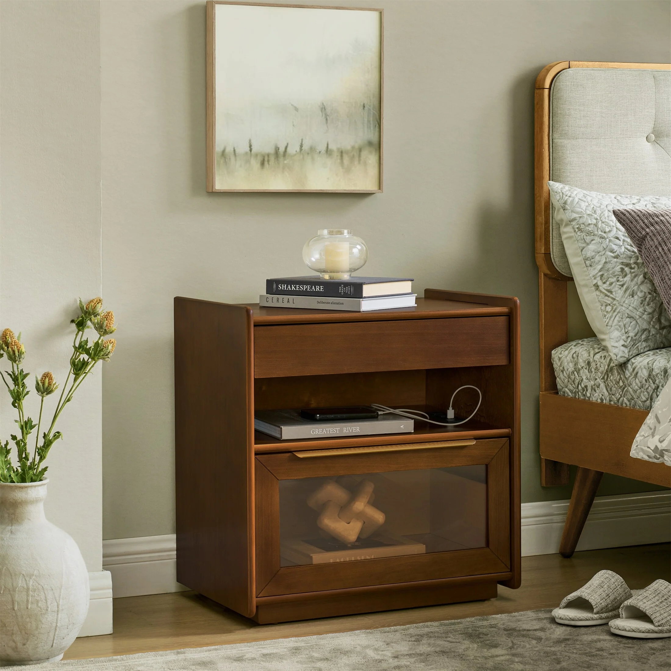 Nightstand with Charging Station and Outlet Hole and 2 Drawers