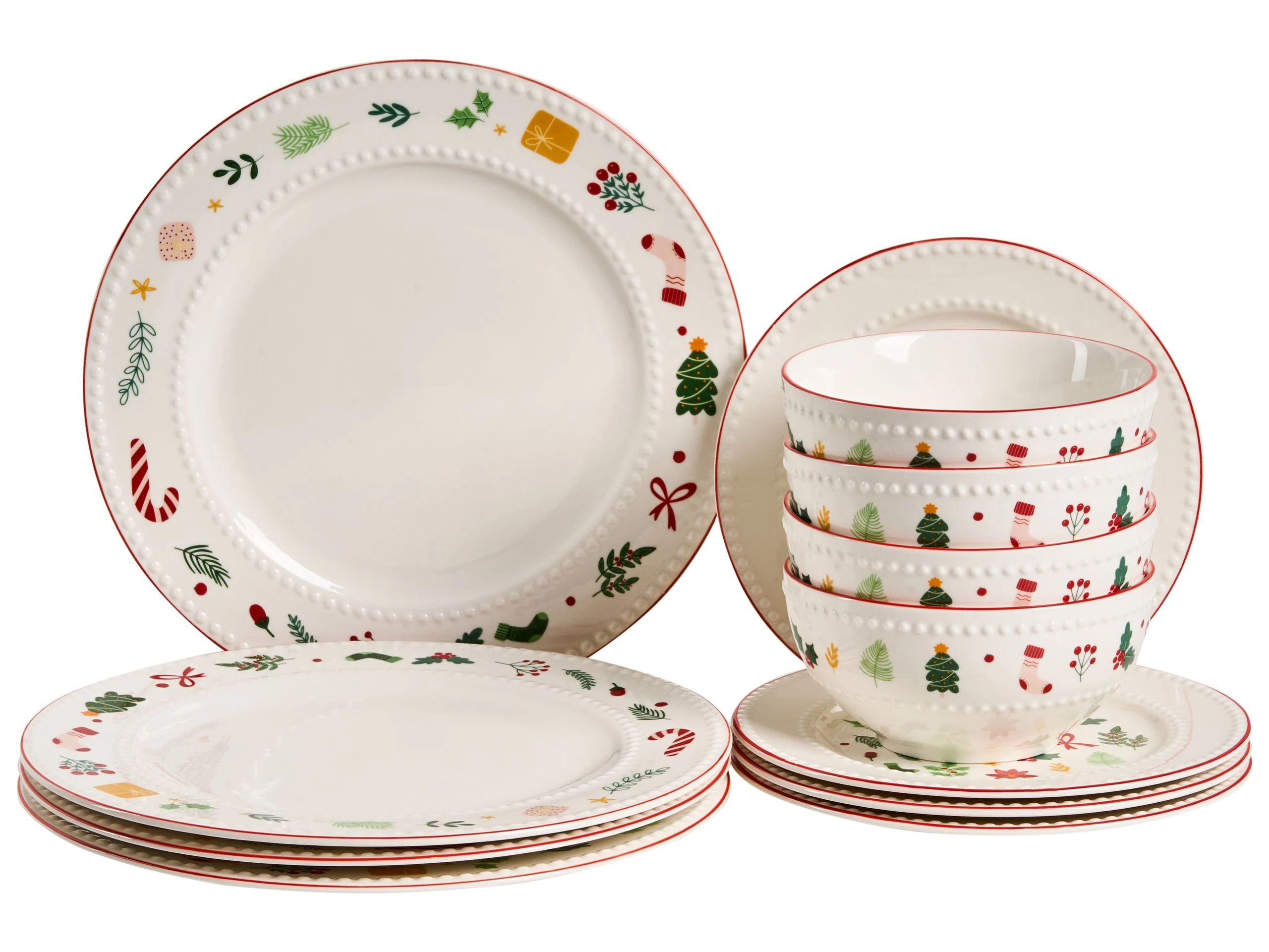 Zestaw 12 naczyń z porcelany świąteczny biały