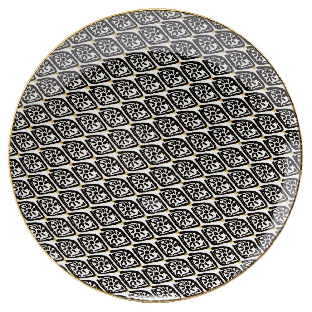 Assiette à dessert ronde Praia motif ethnique noir blanc jaune Ø19cm