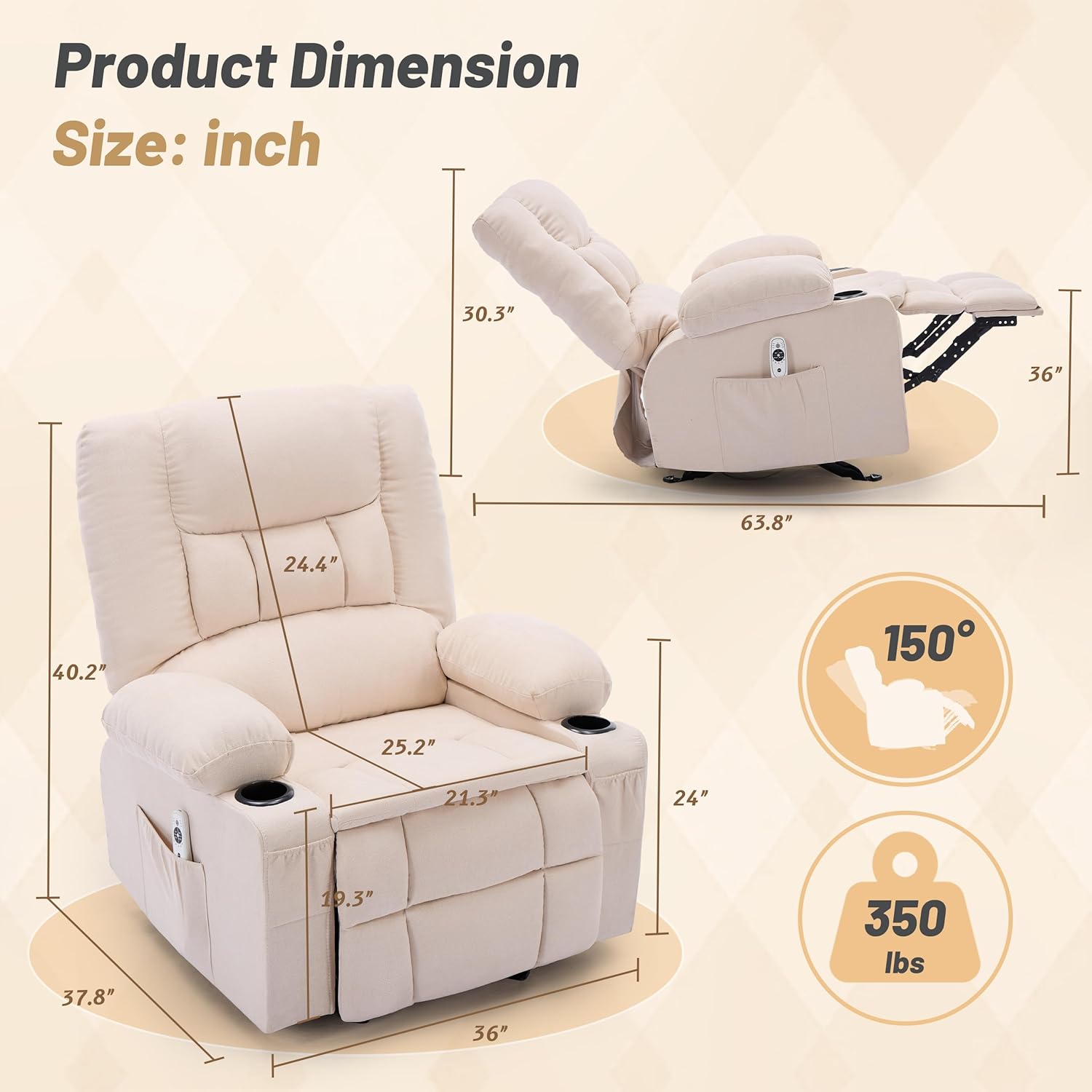 Rocker Recliner Chair with Massage and Heat, Nursery Rocking Chairs for Living Room, Ergonomic Comfy Relining Chair with Cup Holders, USB Charge Port, Side Pockets, Recliner Chair for Adults, Beige
