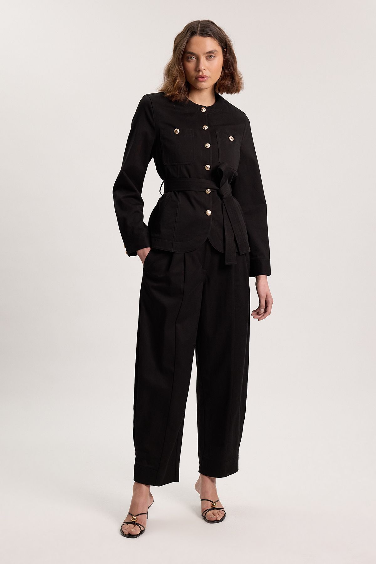 KarenMillen Cotton Utility Button Detail Tie Waist Shirt