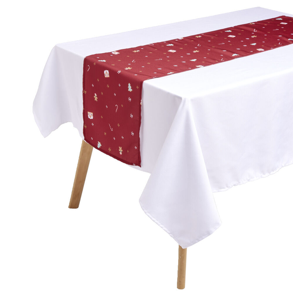 Nappe en tissu blanc avec chemin de table rouge motif No&euml;l 140x250cm