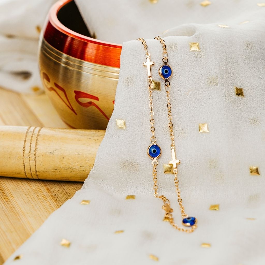 The Colourful Aura Blue Evil Eye Sideways Cross Necklace Minimalist Choker Dainty Protection Choker