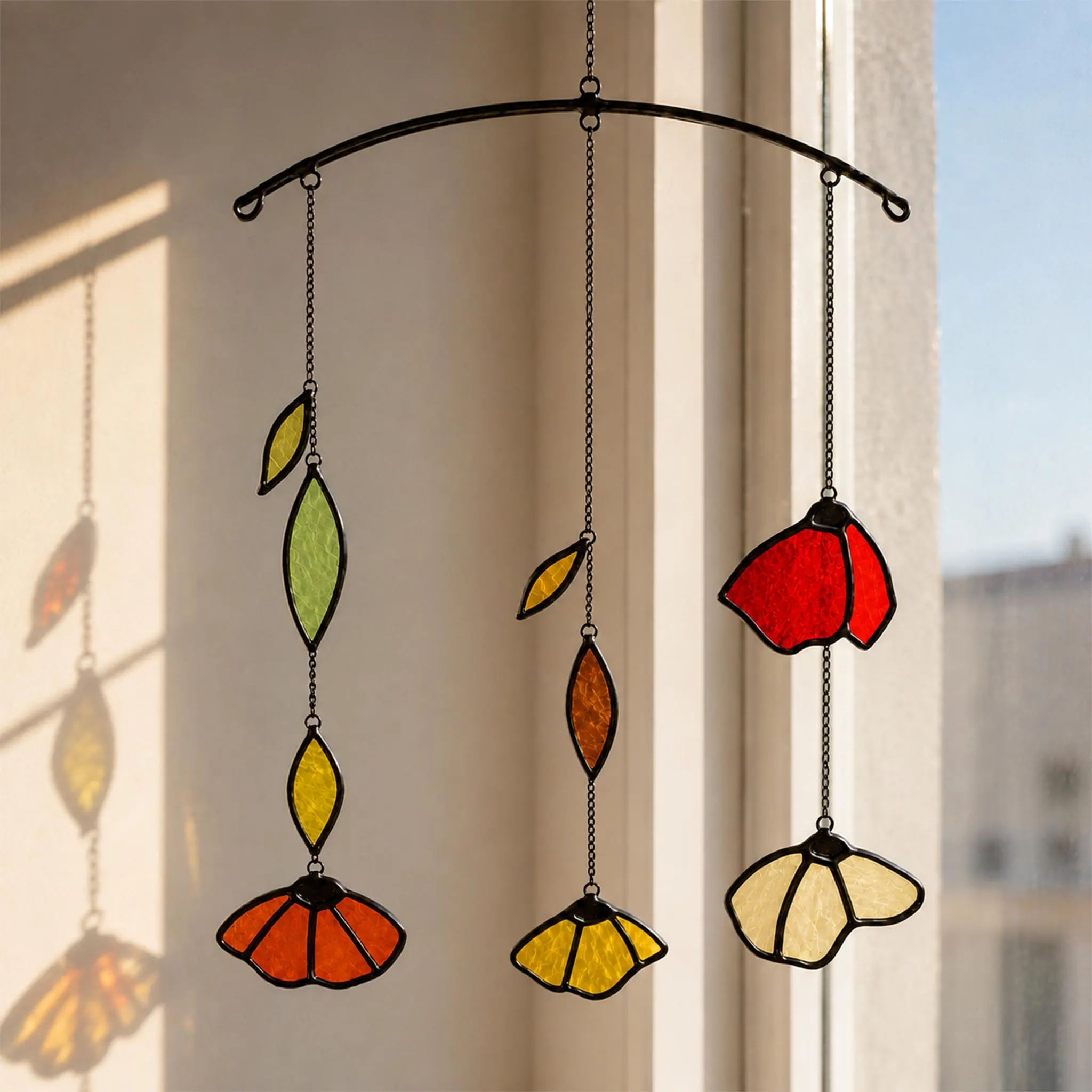 Fall Leaves Stained Glass Mobile, Handmade Glass Leaf Ornament, Autumn Window Decor, Cozy Seasonal Home Decoration