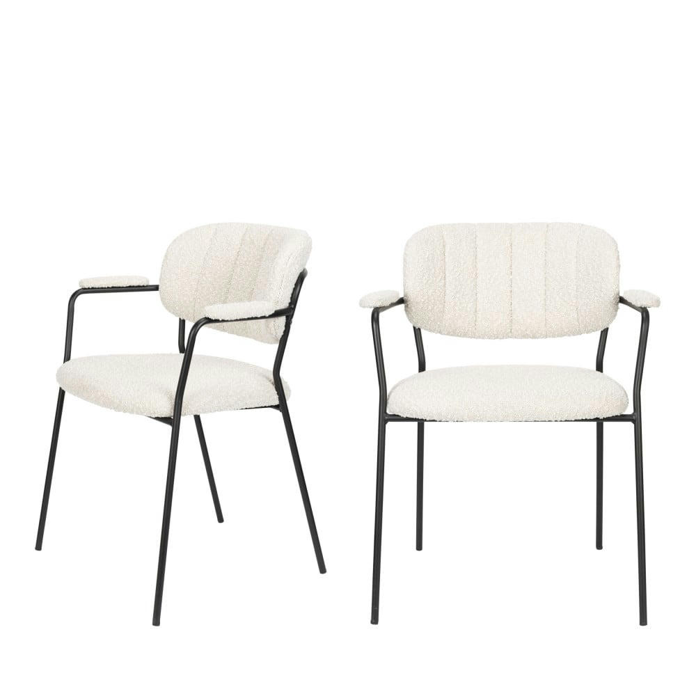JOLIEN - Lot de 2 chaises avec accoudoirs en tissu bouclette et pieds noirs ecr