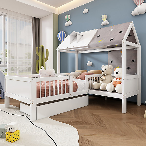 Lit 90x200 cm en bois massif forme maison avec rangement intégré et tiroirs, coloris blanc