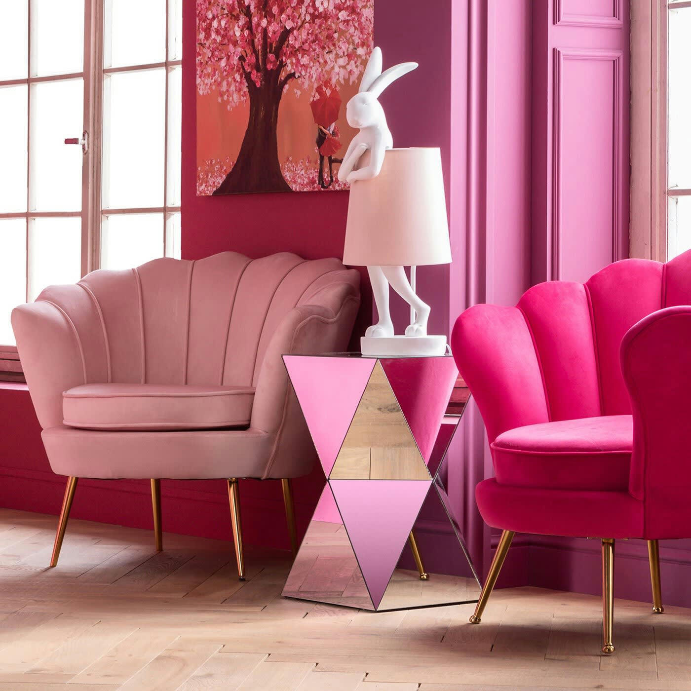 ANIMAL - Lampe lapin en polyrésine blanche et abat-jour en lin rose H68