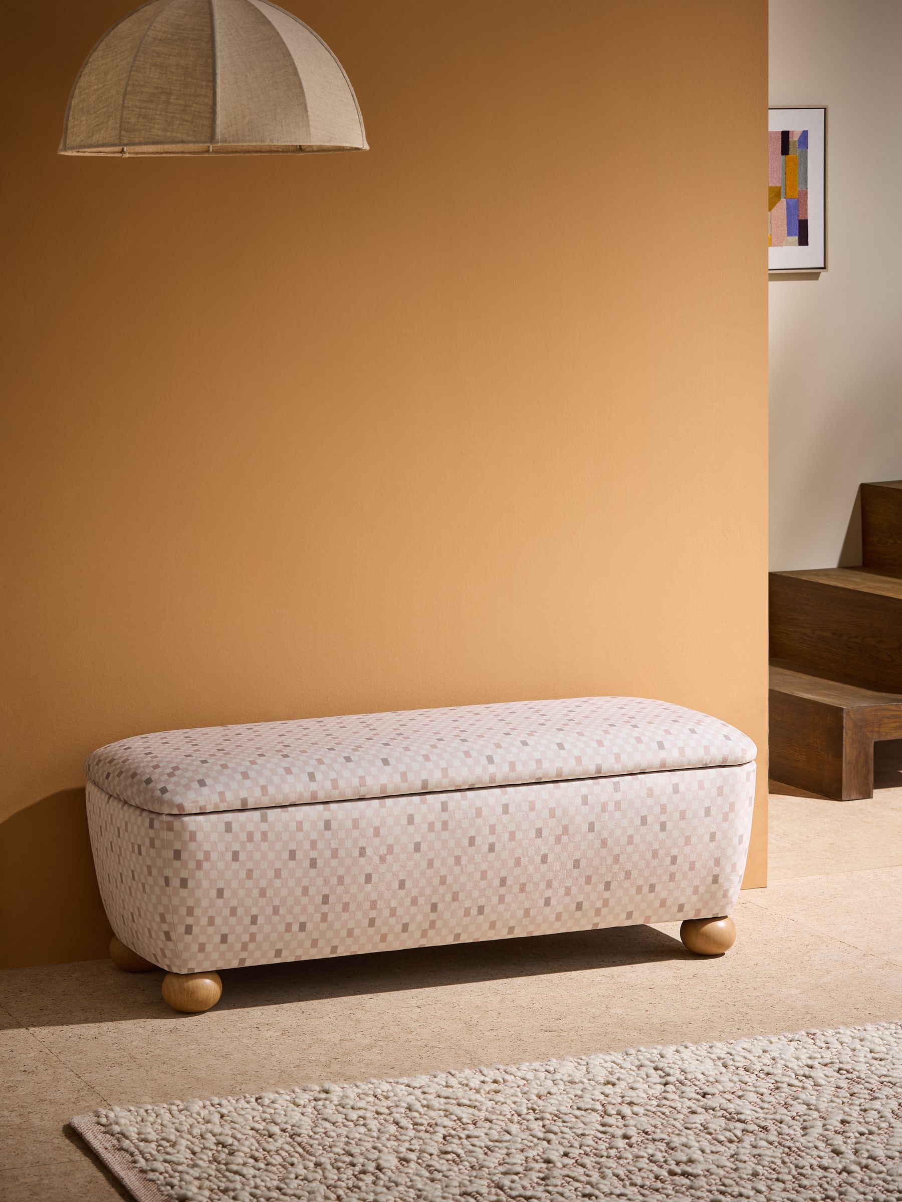 Ellio Storage Ottoman Bench in Nude Checked Velvet