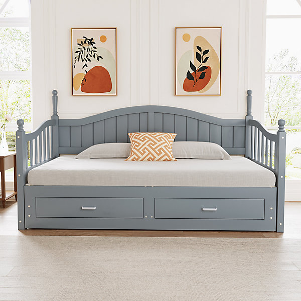 Lit canapé extensible pin 90 190 par 180 190 colonnes dossier accoudoirs tiroirs sommier multifonction gris