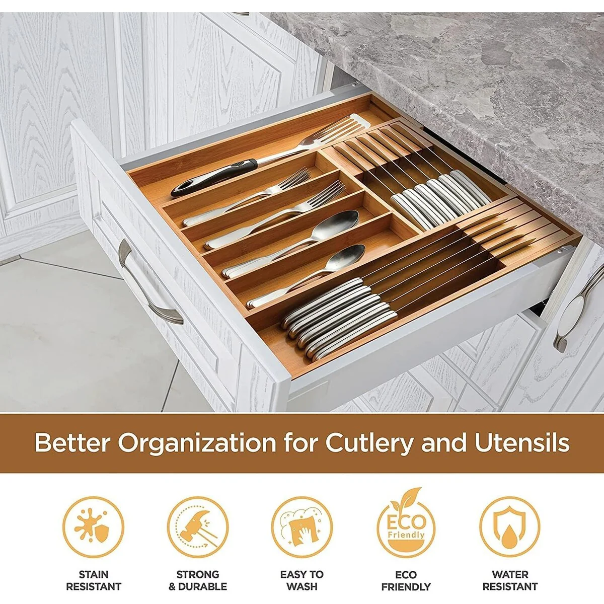 Utensil Organizer - Bamboo Expandable Silverware Organizer, Utensil Holder & Cutlery Tray with Divider and Removable Knife Block
