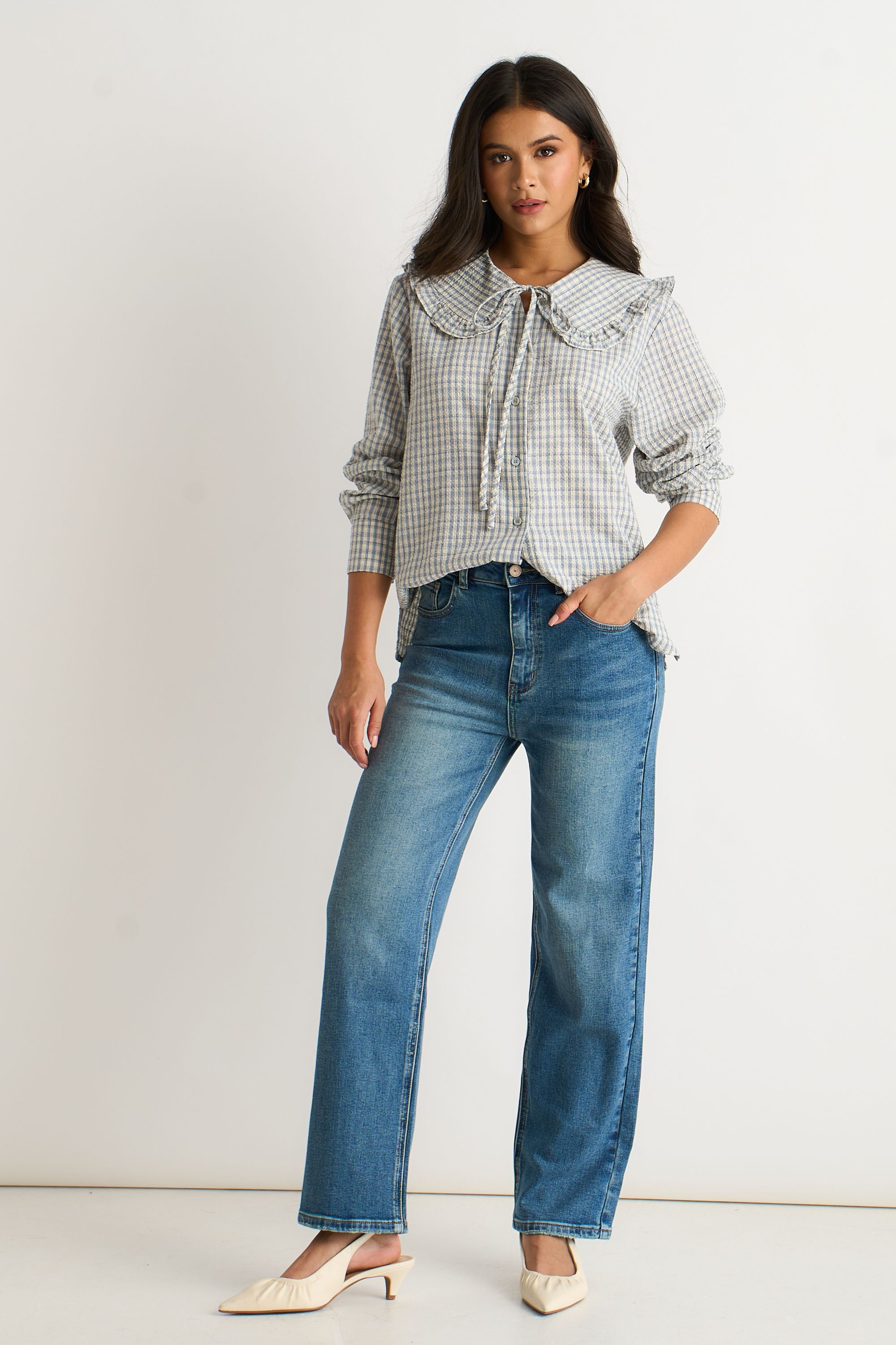 Gini London Blue Gingham Textured Check Peter Pan Collared Shirt
