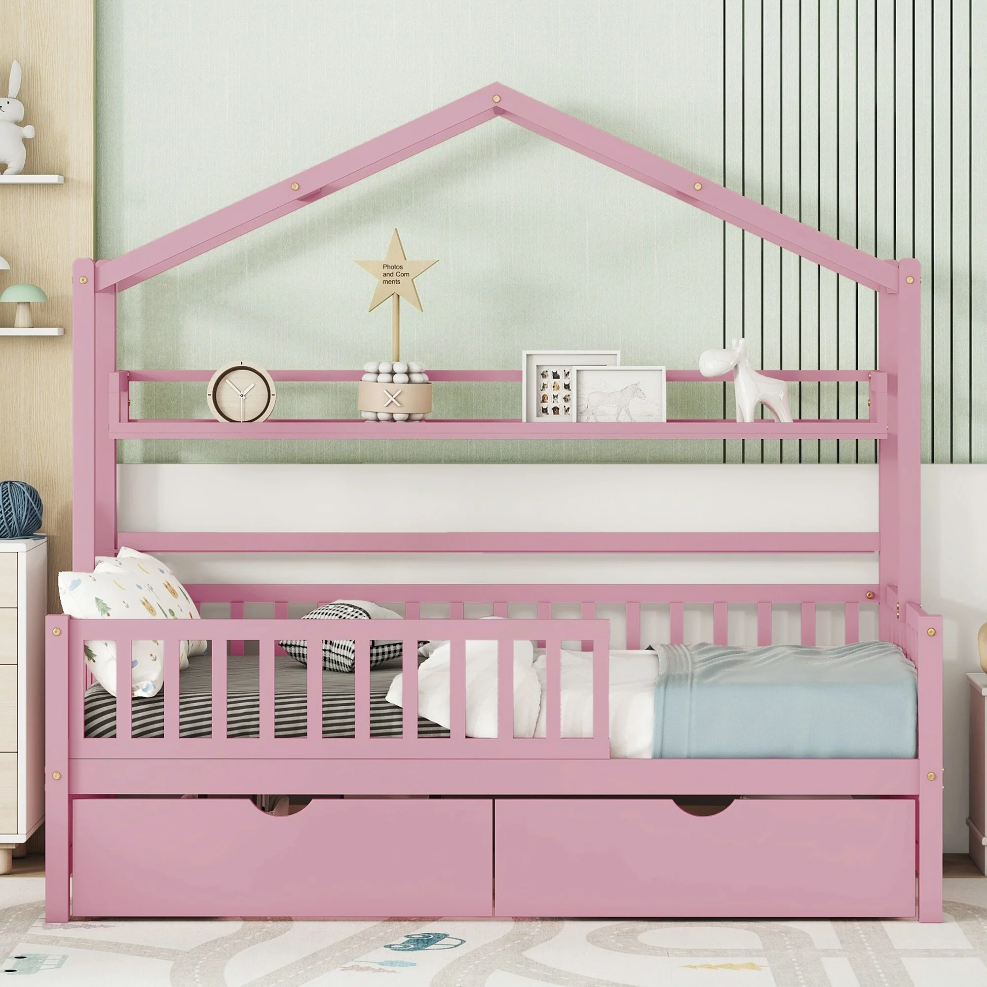 Pink Twin Pine House Bed with Roof, Drawers, and Shelf