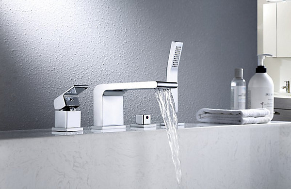 Ensemble Robinet mélangeur Chrome Baignoire 4 trous en Cascade, Ensemble Pommeau Douchette Bain - 6080