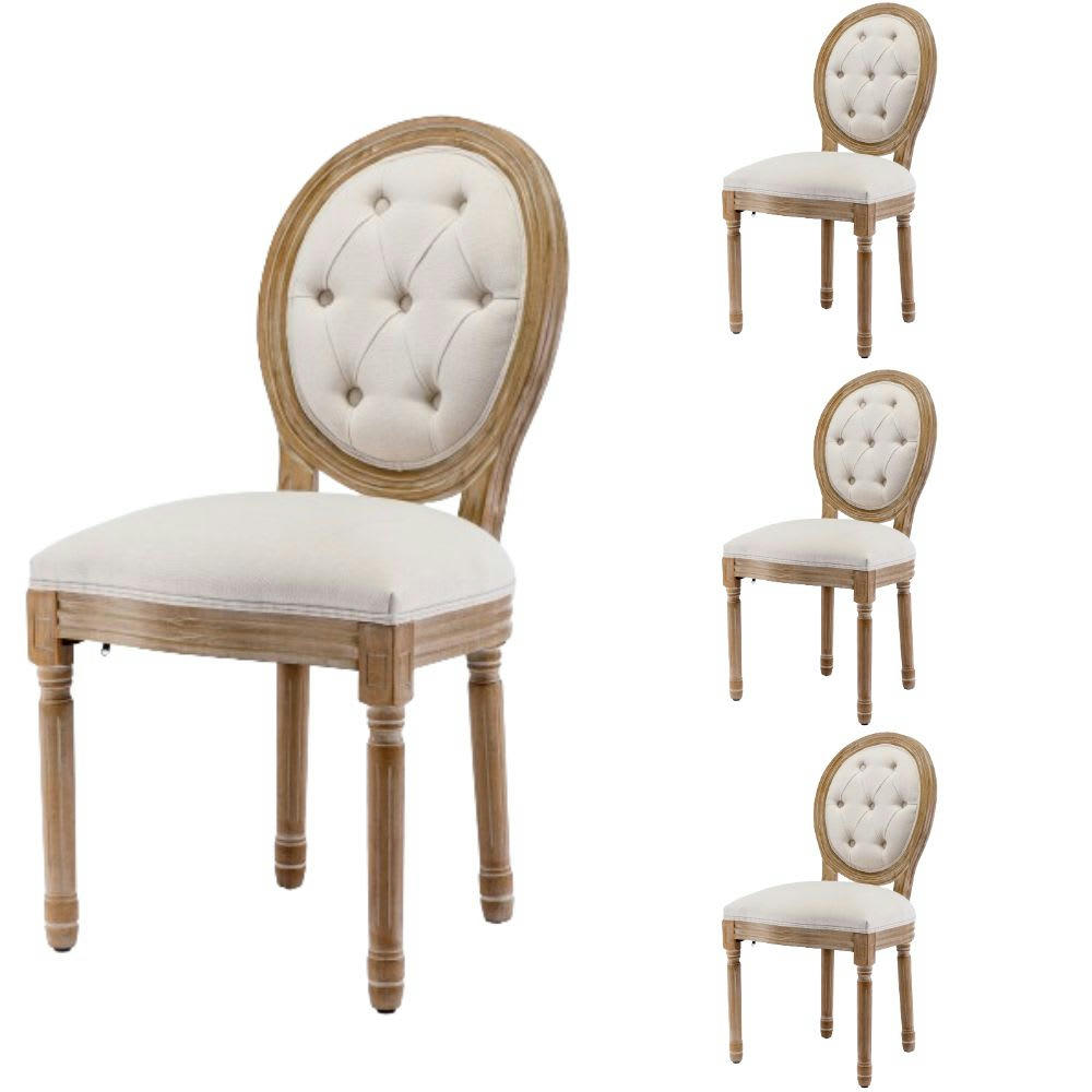 - Lot de 4 chaises lin crème médaillon pieds en bois massif