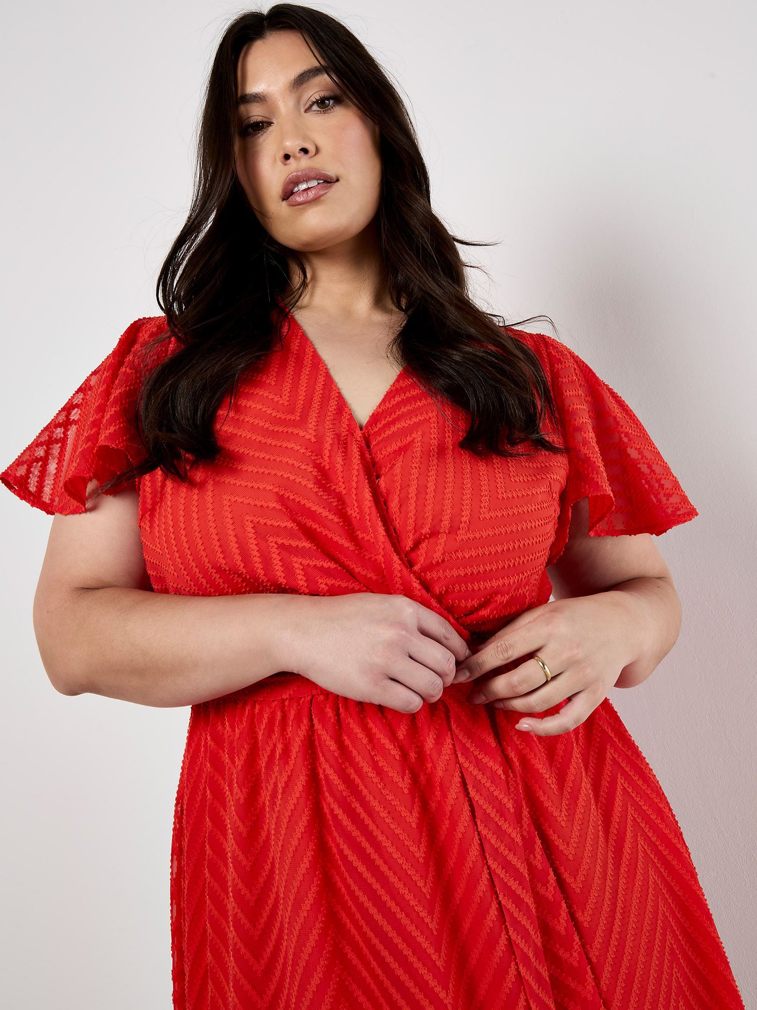 Apricot Curve Jacquard Chevron Wrap Midi Dress