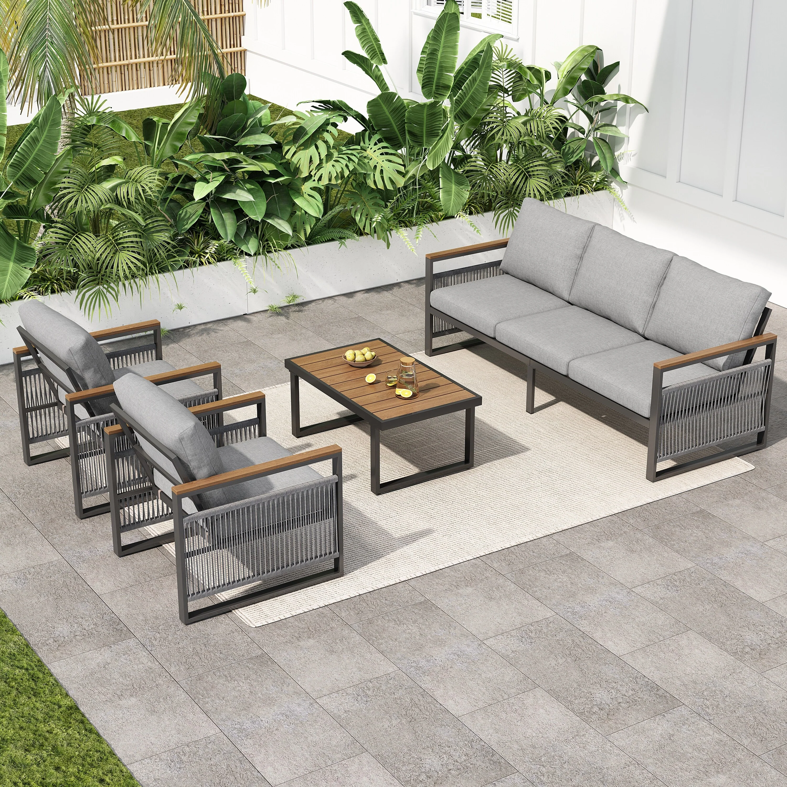 4-Pieces Outdoor Metal Patio Furniture Set, 5-Seat Patio Furniture Sofa Set with Cushion, Modern Outdoor Furniture Deep