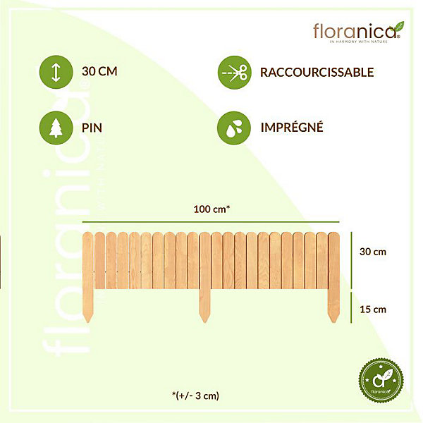 Floranica Bordure de Jardin en bois 30 x 100 cm Nature Bordurette de Pelouse Bordure de Gazon avec piquets Bordure de parterre