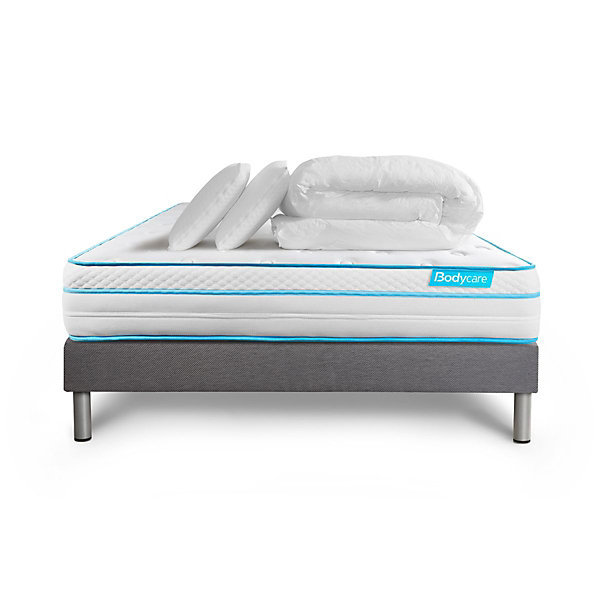 Pack sommier tapissier matelasRessorts ensachés et mémoire de forme avec couette et oreillers
