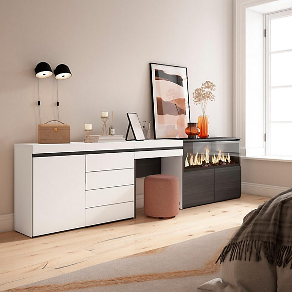 Coiffeuse 284x35x75cm feu led sans chaleur XXL commode buffet blanc